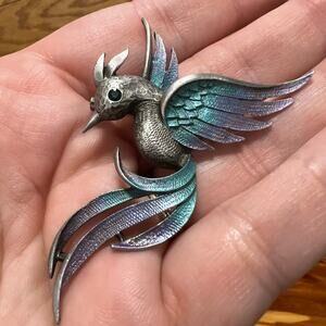Vtg JJ Jonette Peacock Bird N Flight Pewter Lapel Pin Brooch Teal Jewel Eye RARE